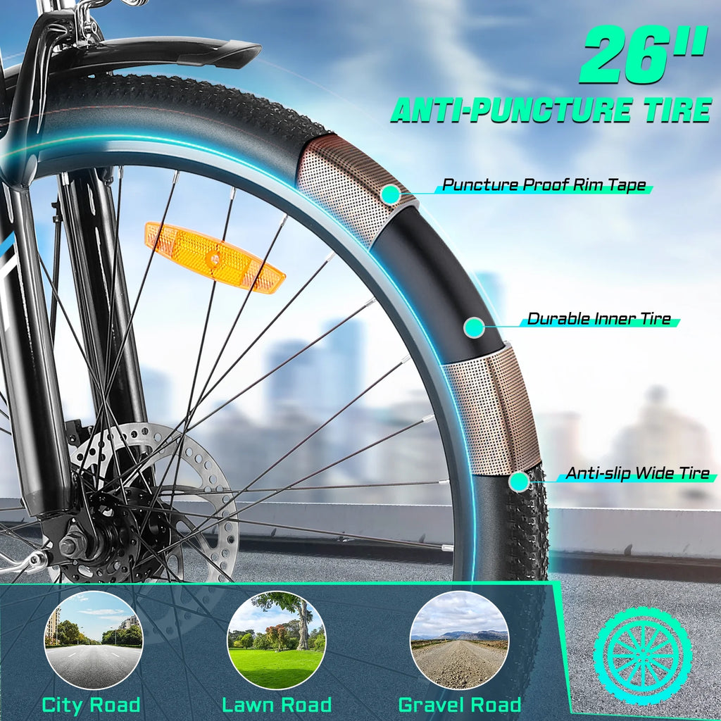 UL2849 Certified 26" Electric Bike for Adults, 750W Peak Motor, 48V 7.8Ah Battery, 19.8 Mph 7-Speed Commuter Ebike with Disc Brakes