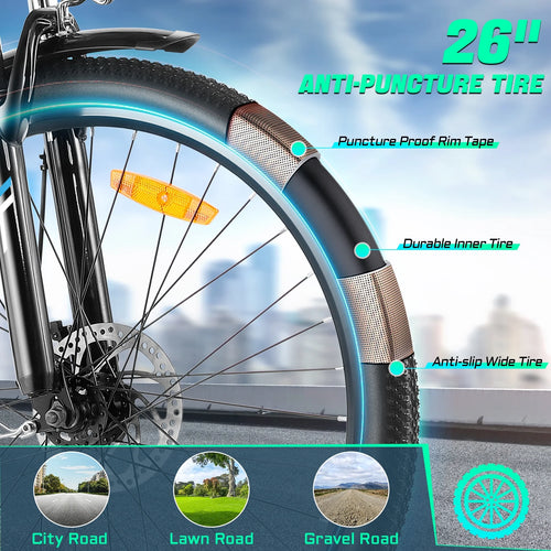 UL2849 Certified 26" Electric Bike for Adults, 750W Peak Motor, 48V 7.8Ah Battery, 19.8 Mph 7-Speed Commuter Ebike with Disc Brakes