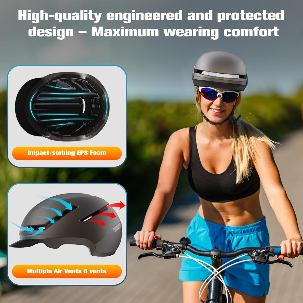 Bike Helmet with Turn Signals, NTA Certified up to 45Km/H, Bicycle Helmet for Men Women with USB Rechargeable Rear Light, Viser, Cycling Helmet for E-Bike & S-Pedelec,Scooter, Commuter, Adults